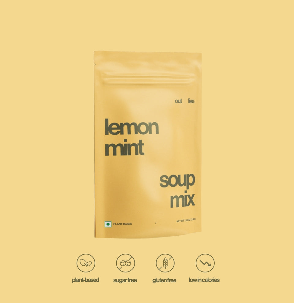 Outlive Lemon Mint Soup Mix in a minimalist yellow pouch