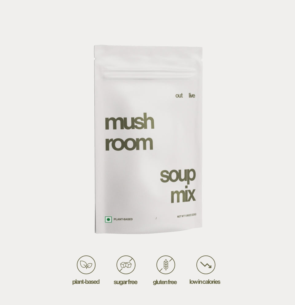 Outlive Mushroom Soup Mix in a minimalist white pouch