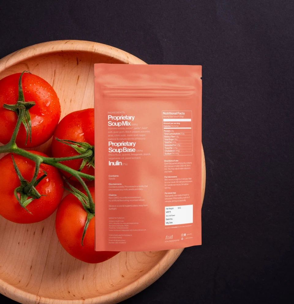 Outlive Tomato Basil Soup Mix in a resealable pouch A nutritious, plant-based meal replacement soup with tangy tomato and basil notes.