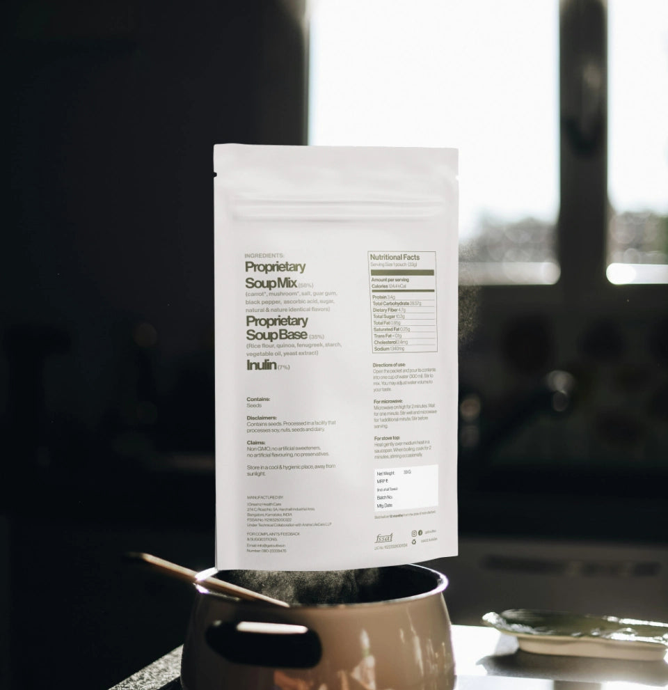 Outlive Mushroom Soup Mix in a minimalist white pouch with nutritional content.