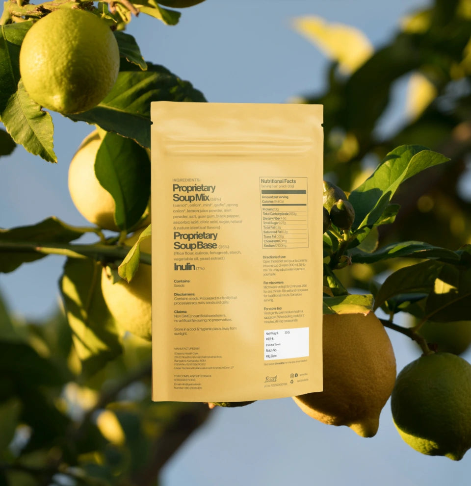 Outlive Lemon Mint Soup Mix in a minimalist yellow pouch with nutritional content.