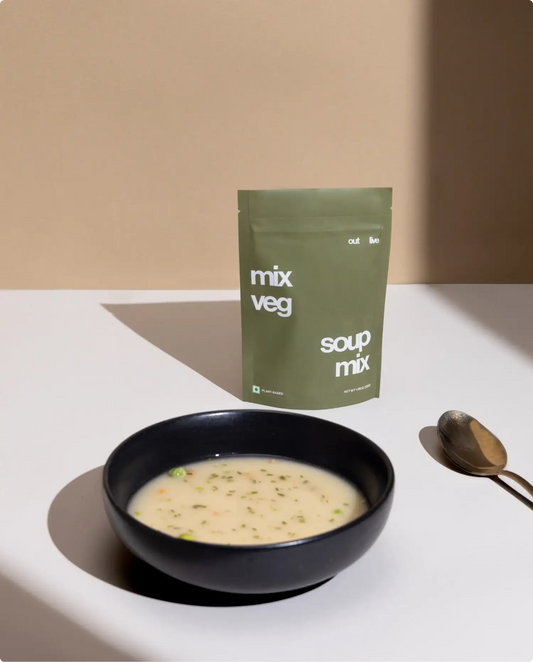 Outlive Healthy Mix Veg Soup – A delicious, ready to make soup with a blend of fresh vegetables, supporting immunity and gut health.