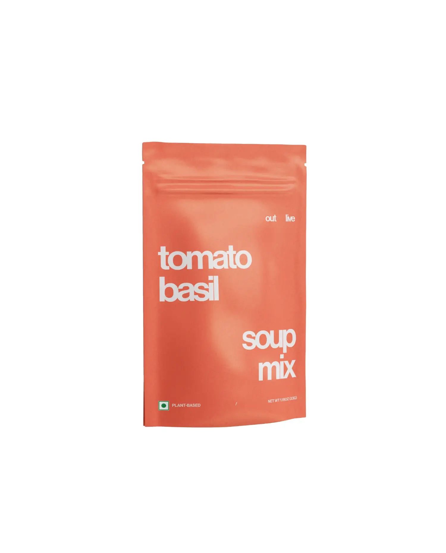Outlive Tomato Basil Soup Mix in a sleek, resealable pouch. A nutritious, plant-based meal replacement soup rich in tangy tomato and basil flavors.